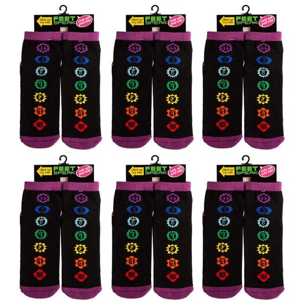 6PK Feet Speak Chakra Women's Casual Crew Socks Cute-Printed Black One-Size