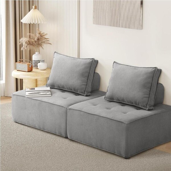 Oikiture 1-4PCS Modular Sofa Lounge Chair Armless TOFU Back Sherpa/Linen/PU 2PCS/Grey