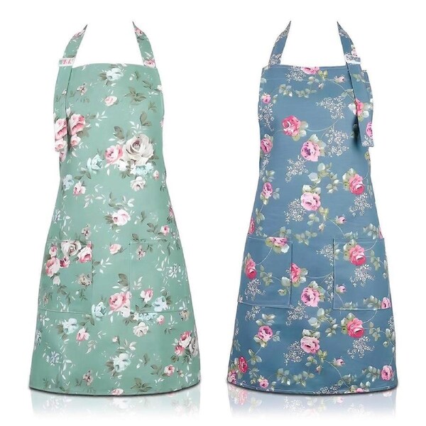 2 Pack Kitchen Aprons for Women, Adjustable Floral Aprons Chef Bakers Apron Cooking Apron with Big Pockets for Cooking Baking Gardening
