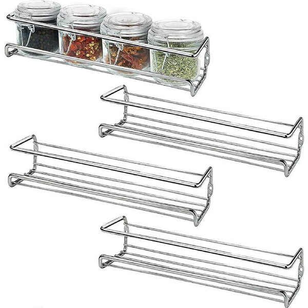 Set of 4 Wall Mounted Spice Racks Chrome Finish - Spice and Herb Holders for Kitchen Walls and Cabinets on 1 Floor - Wall Mounted Kitchen Spice Rack