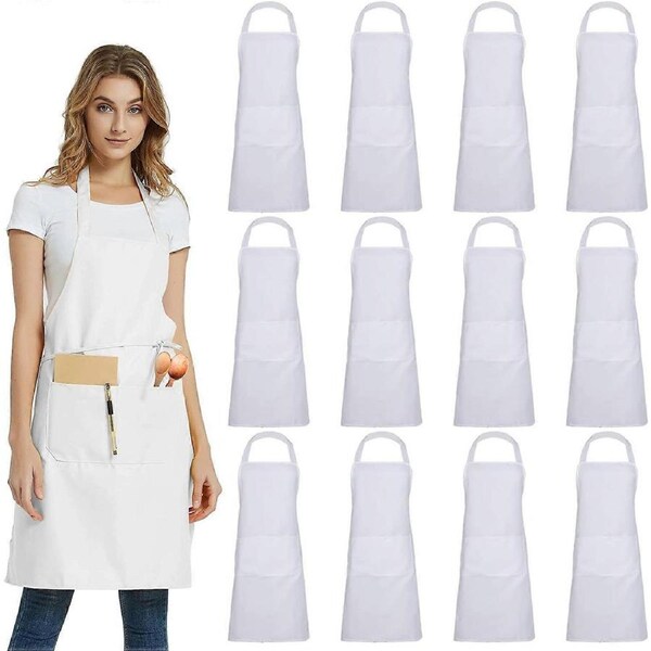 12 Pack Plain Bib Aprons with 2 Pockets - White Unisex Commercial Apron Bulk for Kitchen Cooking Restaurant BBQ Painting Crafting
