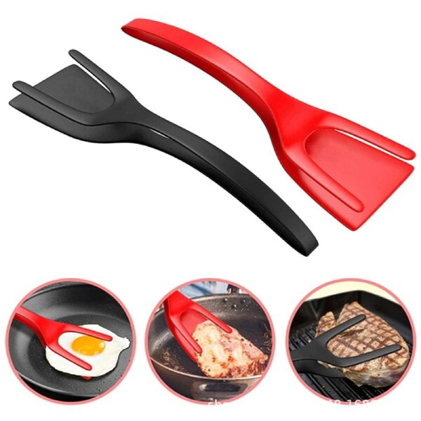 2Pcs 2 in 1 Spatula Tongs Heat Resistant Grip Flip Non- Stick Fried Egg Turners
