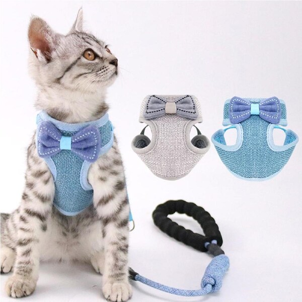 2 Pack Bow Tie Adjustable Pet Mesh Vest Harness and Leash Set for Cats