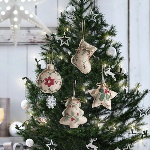 4 Pack Christmas Linen Pendant Pentagram Xmas Tree Party Decoration-White
