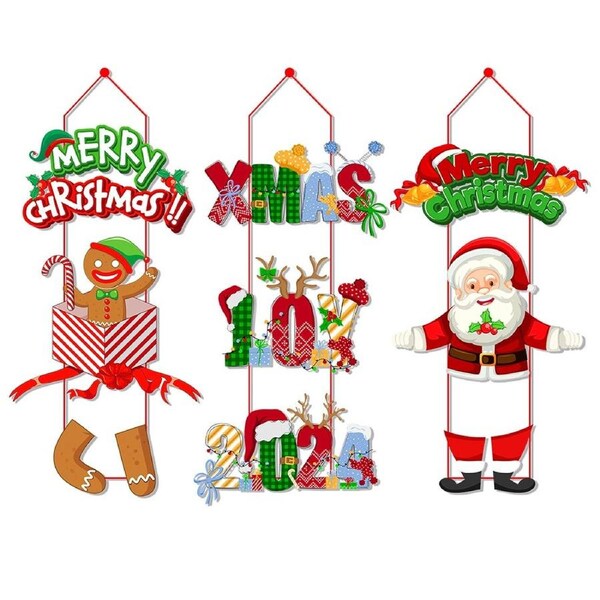 9 Pcs Christmas Door Hanger New Year Party Pendants Santa Claus Banner For Home