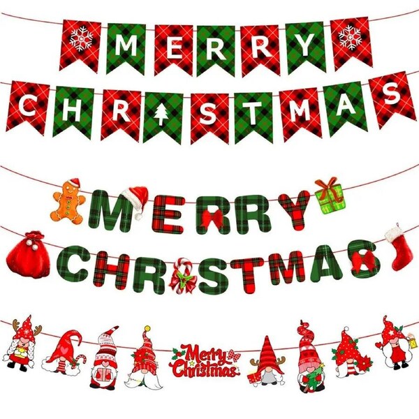 6 Pcs Merry Christmas Banner Santa Claus Elk Garland Xmas Banner Flag Hanging