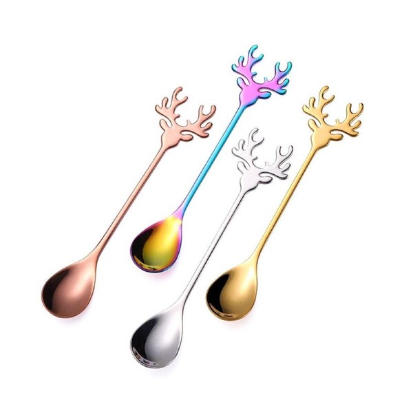 4Pcs 304 Stainless Steel Stirring Spoon Christmas Elk Coffee Dessert Spoon