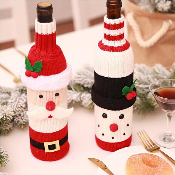 2Pcs Christmas Decorations Old Man Red Wine Bottle Set Knitted Wine Bottle Cover