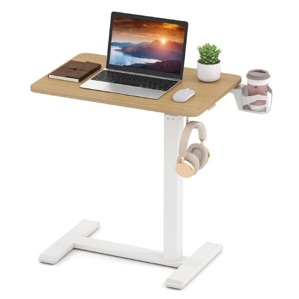 Giantex Mobile Standing Desk Height Adjustable Overbed Table w/Cup Holder Laptop Desk Side Table Natural