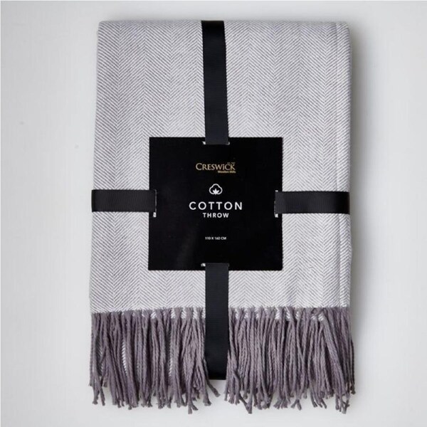 Creswick 100% Cotton Throw Rug HB Lt GREY 110 x 160cm