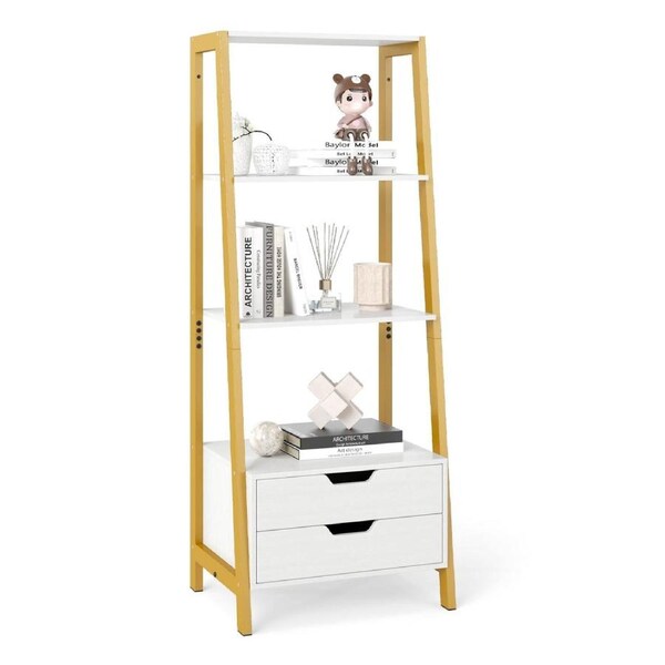 Costway Ladder Bookshelf w/Storage Shelf & Drawer Tall Freestanding Display Rack Versatile Bookcase White