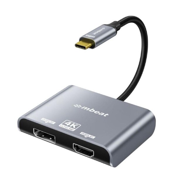 mbeat Tough Link USB-C to DPHDMI Dual 4K/60Hz MST Adapter 4K (3840x2160) @ 60Hz, 4K (3840x2160) @ 30Hz, 2K (2560x1440) @ 60Hz - Space Grey MB-XAD-C2DPHD