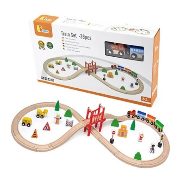 VIGA Wooden Pretend Play Toy 39pcs Train Set