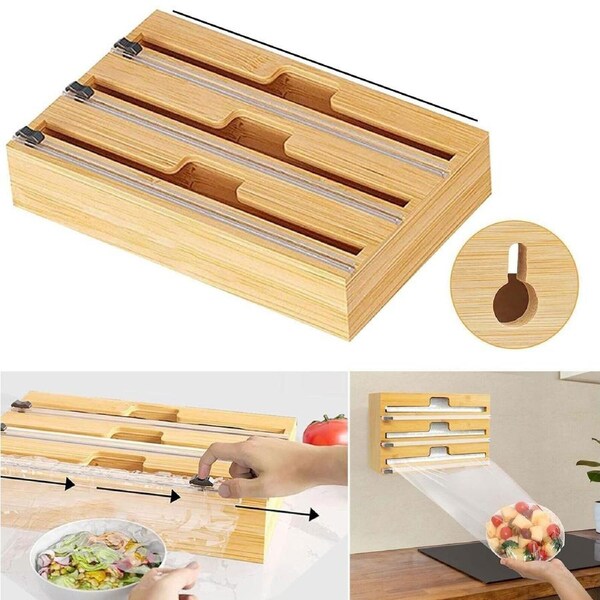 Bamboo Food Wrap Dispenser Cutter Foil Cling Film Storage Holder Box Kitchen