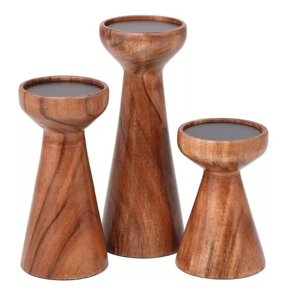 BIRDROCK HOME 3pc Flare Candleholders Gift Set Farmhouse Wooden Candle Holders