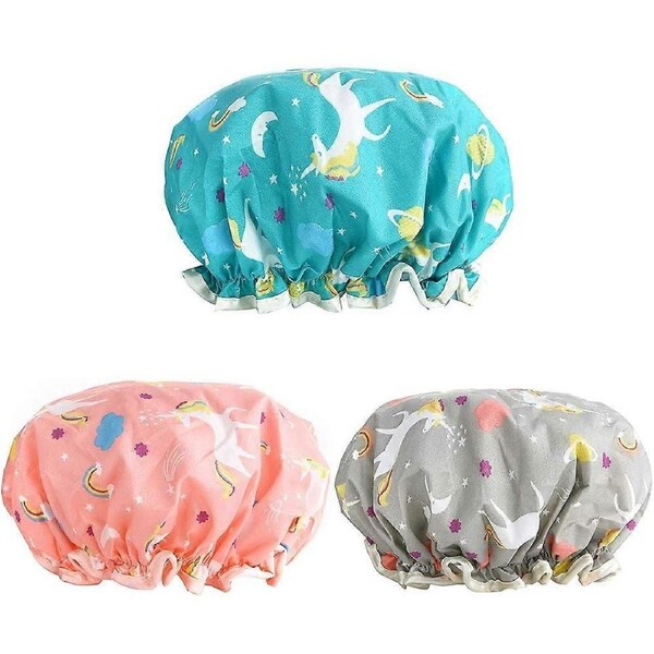 Shower Caps 3 Pack, Women's Waterproof Shower Caps Reusable Shower Caps Shower Caps with Elastic Band, Large Plastic Long Hair Eco Caps for Women Girl