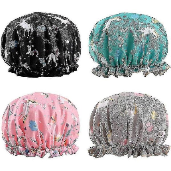 LM 4 Pcs Shower Caps, Reusable Waterproof Shower Cap Polyester Unicorn Shower Caps KUO