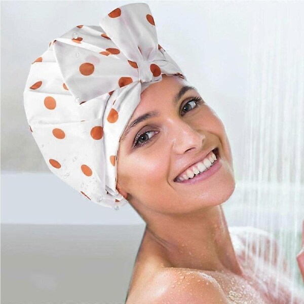 LINJOU Luxury Shower Cap for Women - Waterproof, Reusable Shower Cap for Long Hair, Fashionable Shower Cap (Blush Dot)