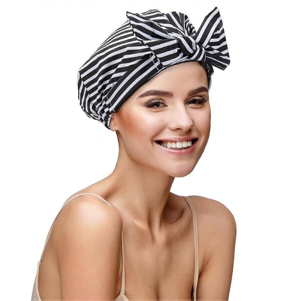 Shower Cap, Waterproof Shower Cap for Women Reusable for Long Hair, Large Elastic Adjustable Shower Caps(Black Stripe)