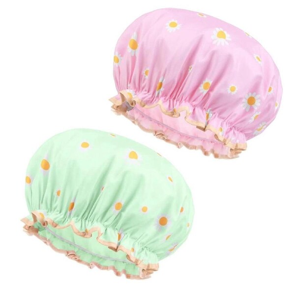 Shower Cap, Pack of 2 Waterproof Shower Caps, Women, Large Elastic Shower Cap, Reusable Shower Cap for Girls, Women, Cosmetics, Home, Hotel, Travel (D