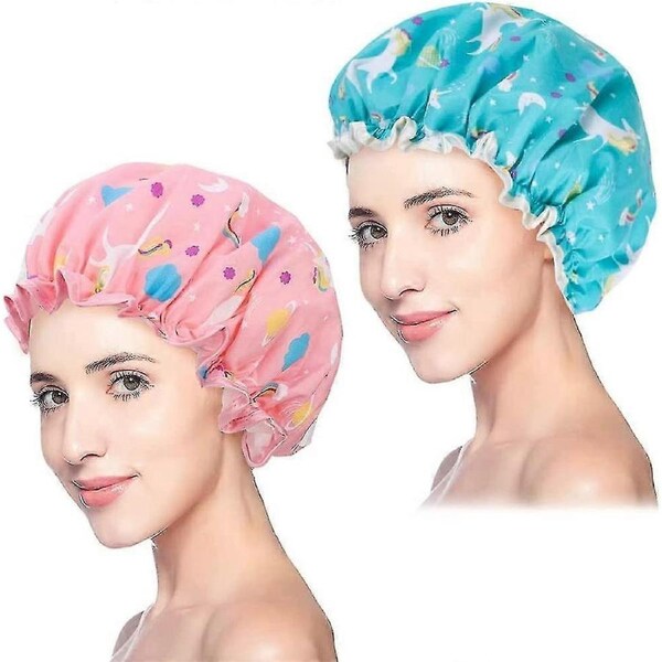 Shower Cap 2pcs , Double Layer Waterproof Shower Caps For Women