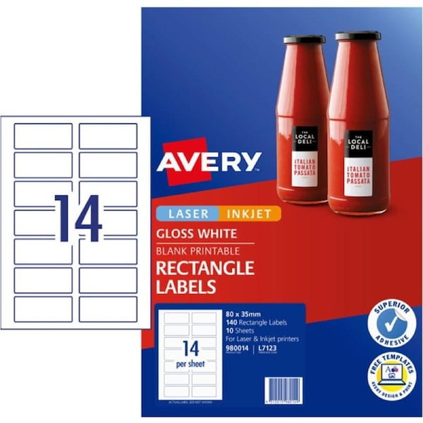 14UP AVERY L7123 Glossy Rectangle Labels 80 x 35 mm 140 Labels/10 Sheets