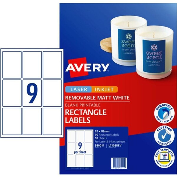 9UP AVERY L7108REV Matt Rectangle Labels 62 x 89 mm 90 Labels/10 Sheets