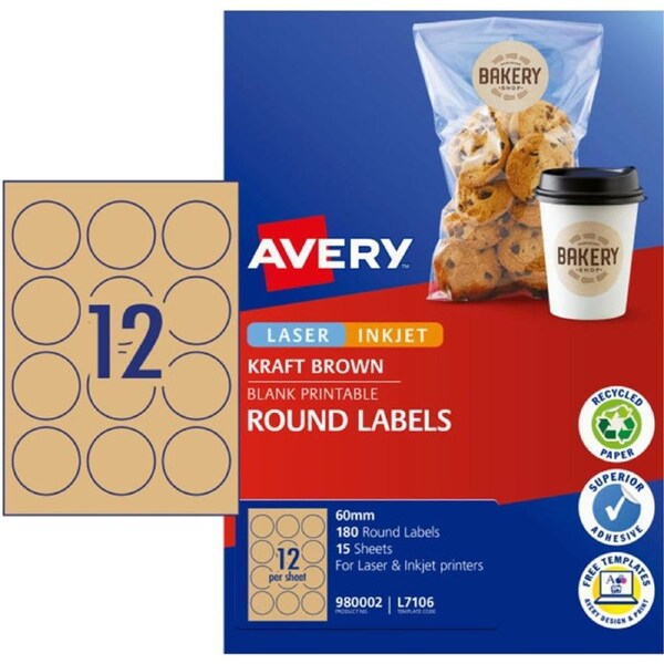 12UP AVERY L7106 Kraft Brown Round Labels 60 mm 180 Labels/15 Sheets
