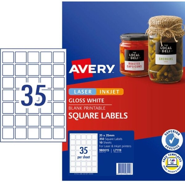 35UP AVERY L7119 Glossy Square Labels 35mm x 35mm 350 Labels/10 Sheets