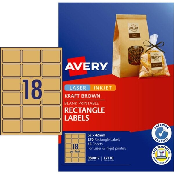 18UP AVERY Kraft Brown Rectangle Labels 62 x 42 mm 270 Labels/15 Sheets L7110