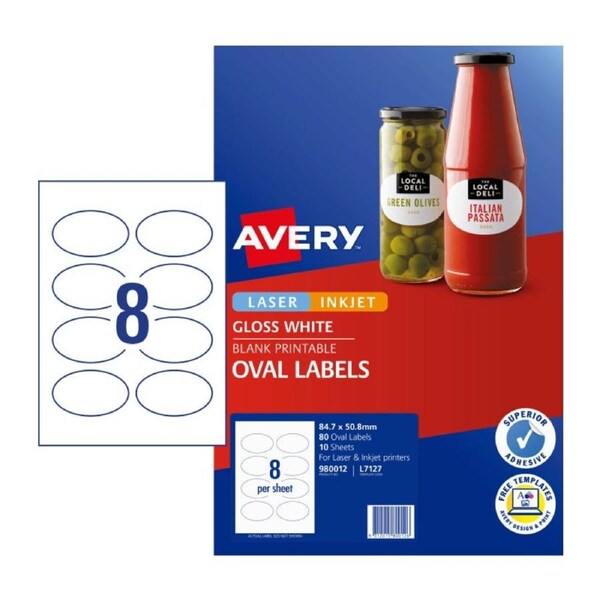 8UP AVERY Glossy Oval Labels 84.7 x 50.8 mm 80 Labels/10 Sheets L7127
