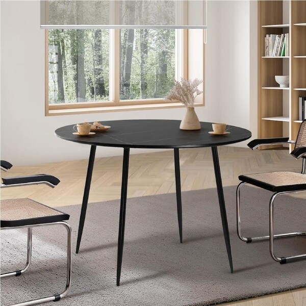 Oikiture 90-120cm Dining Table Kitchen Marble Tulip Metal Legs White/Black Style 1/60cm-Black&White