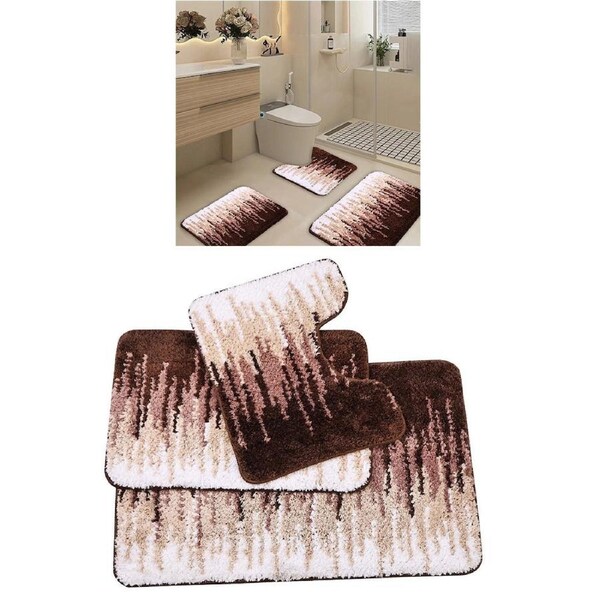 Brown 3 Pcs Microfiber Bathroom Rug Shaggy Soft Non-Slip Absorbent Bath Mat Plush