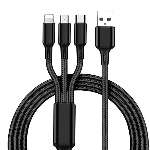 Multi USB Charger Charging Cable Cord For Mobile Micro USB Type Android - 3 in 1 Black