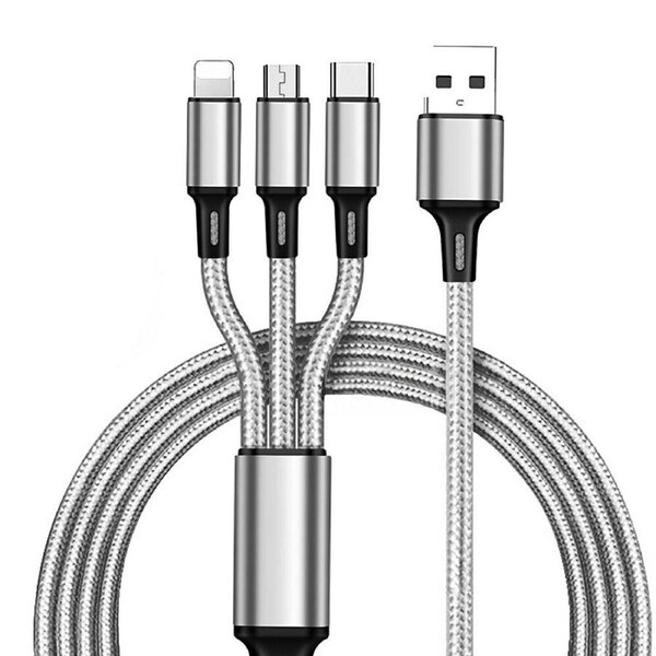 Multi USB Charger Charging Cable Cord For Mobile Micro USB Type Android - 3 in 1 Silver