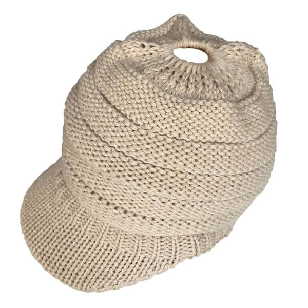 Winter High Bun Hat Cable Knit Soft Skull Cap Womens Ponytail Beanie Stretch Cream