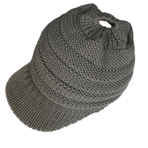 Winter High Bun Hat Cable Knit Soft Skull Cap Womens Ponytail Beanie Stretch Grey