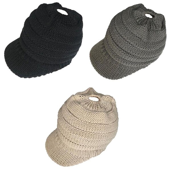 Winter High Bun Hat Cable Knit Soft Skull Cap Womens Ponytail Beanie Stretch Grey