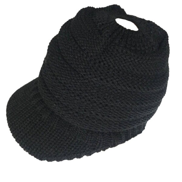 Winter High Bun Hat Cable Knit Soft Skull Cap Womens Ponytail Beanie Stretch Black