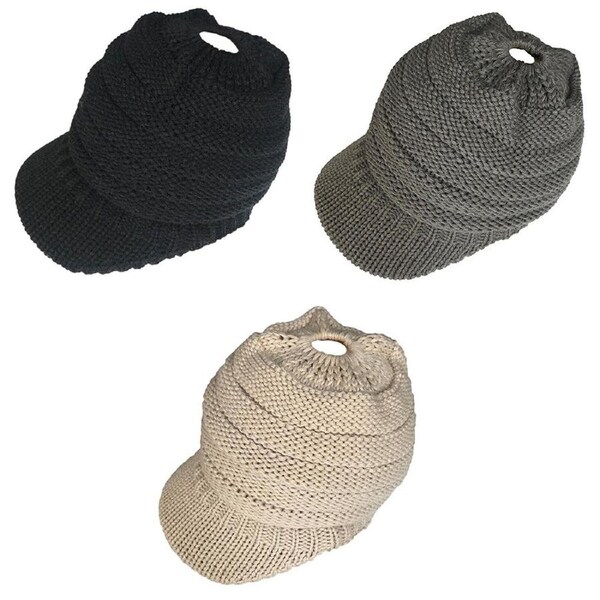 Winter High Bun Hat Cable Knit Soft Skull Cap Womens Ponytail Beanie Stretch Black
