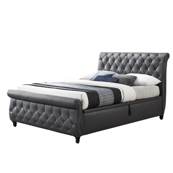 Ozias Luxury PU Leather Button Tufted Gast Lift Bed Frame Queen Size Dark Grey