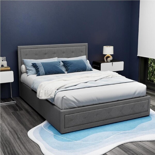 Artiss Bed Frame Queen Double King Single Size with Gas Lift Hydraulic Storage Base Wood Fabric VILA - GREY - KS