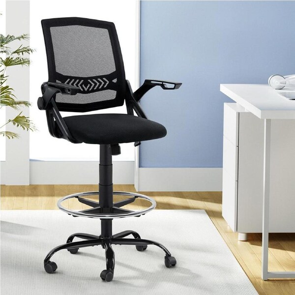 Artiss Office Chair Drafting Chairs with Arms Mesh Leather Standing Desk Stool Black - Option 3