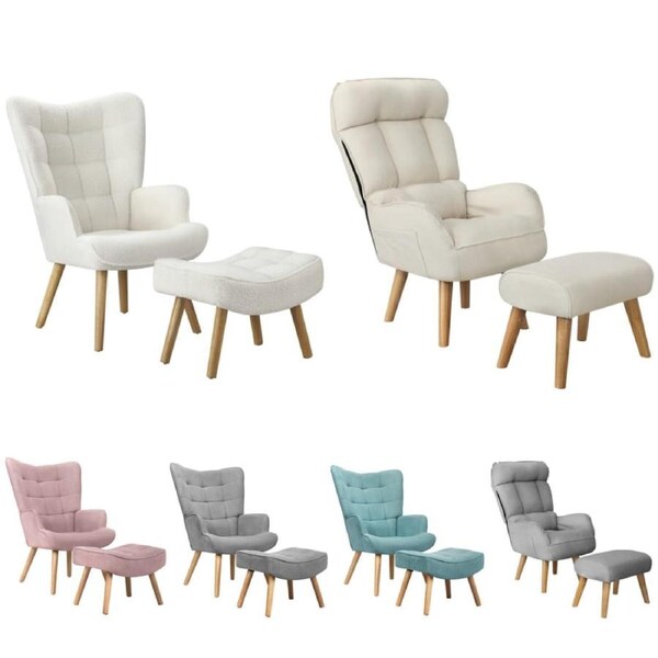 Oikiture Armchair Lounge Chair Ottoman Accent chairs Sofa With Stool/Swivel Style B/White