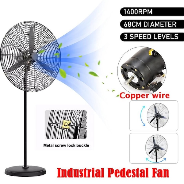 OZNALA 68CM Industrial Pedestal Fan Floor Air Cooling 3 Speed Tilt Oscillating