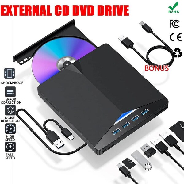 OZNALA 7In 1 External CD DVD Drive USB 3.0 SD Disc Player Burner Writer For Laptop Mac