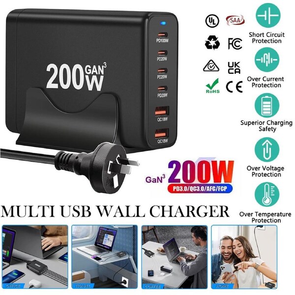 OZNALA 6 Port Fast GaN 200W Multi USB-C Wall Charger Quick Charging QC PD Type C USB