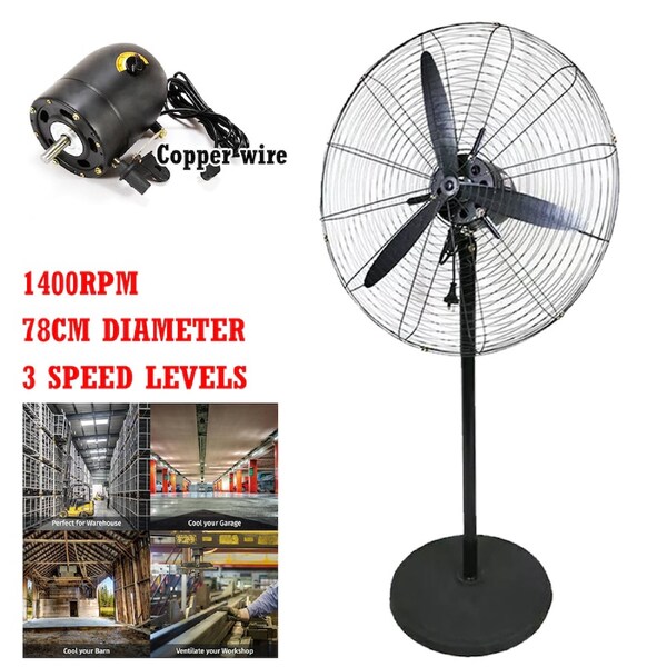 OZNALA 78CM High Velocity Metal Oscillating Pedestal Fan Commercial Industrial Use 85° Oscillation 1400rpm Tilt Adjustable with Wheels