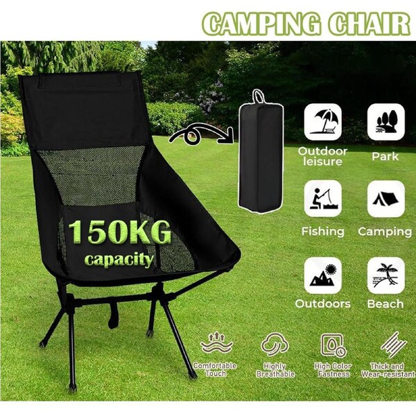 OZNALA Camping Black Chair 150KG Folding Outdoor Portable Lightweight Beach Picnic Chair Fishing
