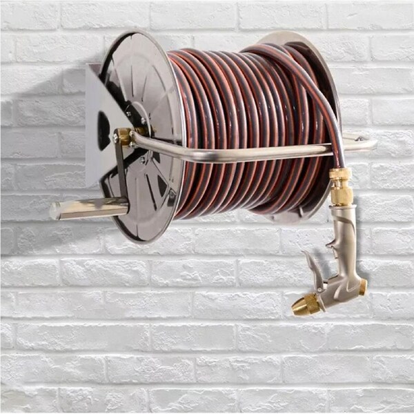 OZNALA Large Stainless Steel Garden Hose Reel Cart Portable Pipe Holder Storage Carrier Wall Mount or Stand Alone No Hose Included